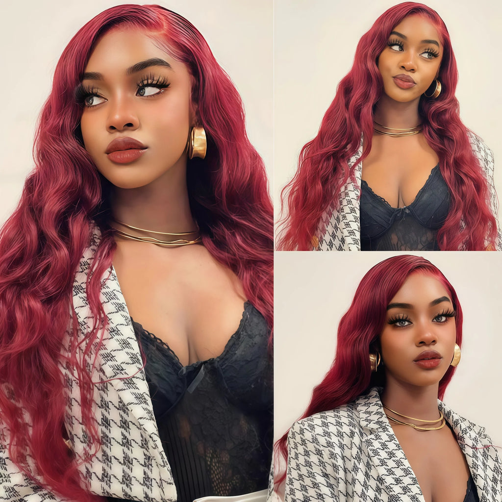 Long Wine Dark Red Wavy for Women Synthetic Free Part Loose Curly Burgundy Heat Resistant Fiber Wigs for Daily Party Cosplay