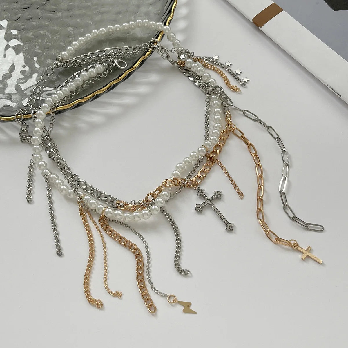 Necklaces for Women Heart-shaped Cross Imitation Pearl Tassel Long Necklace Colliers Femmes Girl Stuff