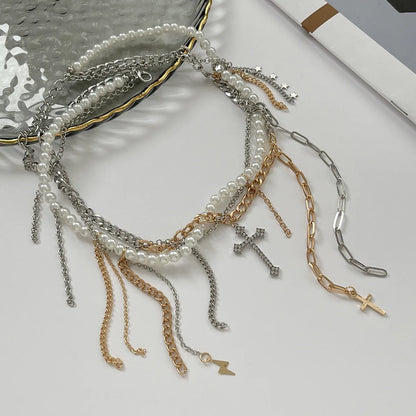Necklaces for Women Heart-shaped Cross Imitation Pearl Tassel Long Necklace Colliers Femmes Girl Stuff