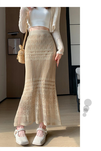 Skirts Women Trumpet High Waist Long Skirt Female Summer Elegant Knitted Hollow Out Fahison Skirt Bottom
