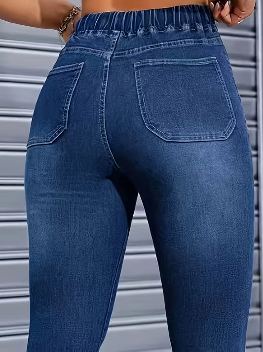 Women's high-waisted skinny jeans with drawstring waist, elastic cuffs, and slimming fit