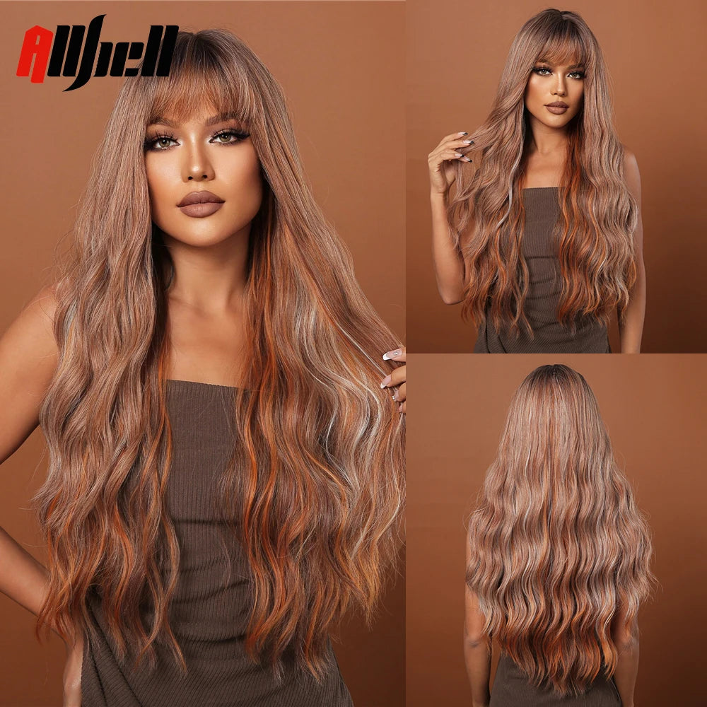 Long Wavy Wine Red Synthetic Wigs Natural Wave Afro Wigs With Bangs for Black Women Cosplay Costume Wig Heat Resistant Fiber