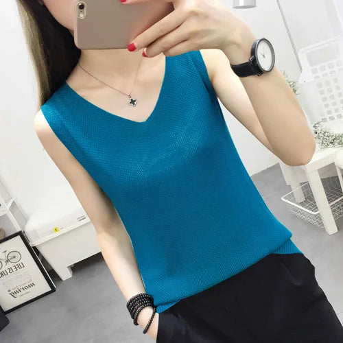Top women Summer V Neck Hollow Knitted Vest Sleeveless Casual Tank Blusas Tops Sheer Mesh Patchwork T Shirt Bottom Camisole 2019