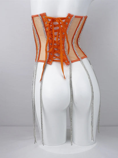 Women Tunic Bras In Waist Corset Tops Fashion Diamond Luxury Diamond Tassel Corset Slim Vest Sexy Tmesh Sheer Top Female 2025
