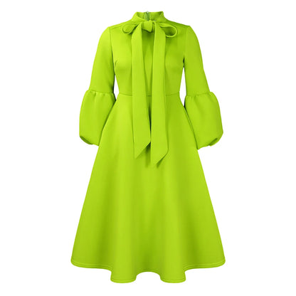 Elegant Dresses for Women Bow Collar Full Sleeve High Waisted A Line Mid Calf Luxury Female Birthday Party Dinner Vestidos Mujer