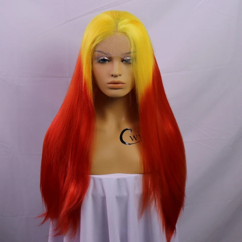 Body Wave Ombre Yellow Red Colored Glueless Transparent Synthetic 13X4 Lace Front Wigs For Women Preplucked Drag Queen Cosplay