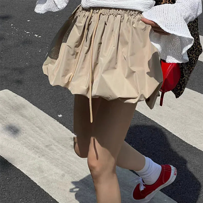 Ropa Skirts for Women 2025 Mini Black White Korean Style Jupe Faldas Mujer Elastic Waist Retro Khaki Drawstring Flower Bud Skirt