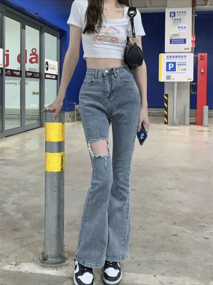 Denim Pants for Women Blue Womens Ripped Jeans Slim Fit Straight Leg Bell Bottom Trousers Original Emo Wholesale Stylish Wide A