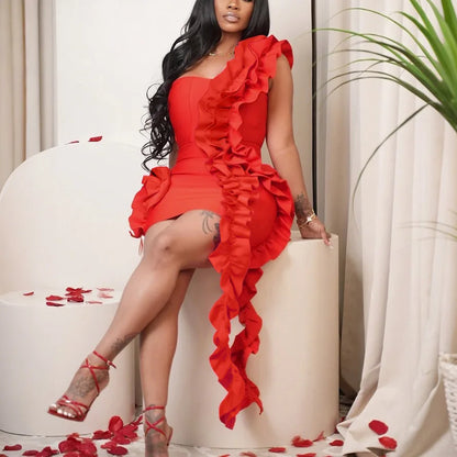 Sexy Dresses for Woman 2025 New Summer Red One Shoulder Ruffles Sheath Mini Length Elegant Ladies Evening Night Birthday Dress