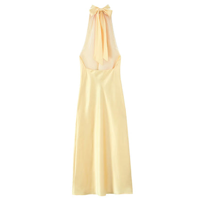 Women Elegant Satin Dress Fashion Lace Up Hanging Collar Long Dresses for Women Solid Sleeveless Midi Dress Lady Evening Dress