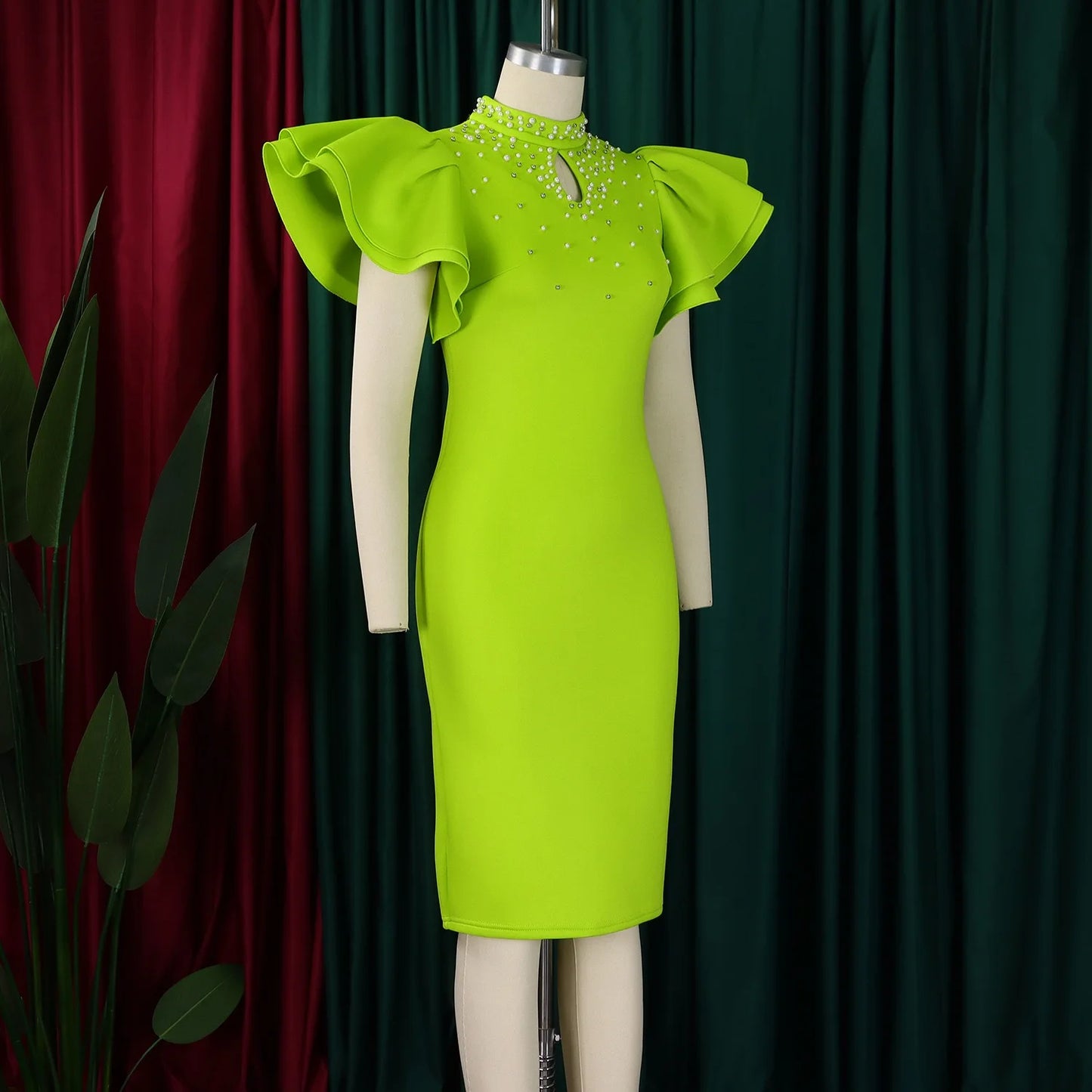 Elegant Dresses for Women O Neck Ruffles Sleeve Beaded Sheath Package Hips Mid Calf Luxury Birthday Party Dinner Vestidos Mujer