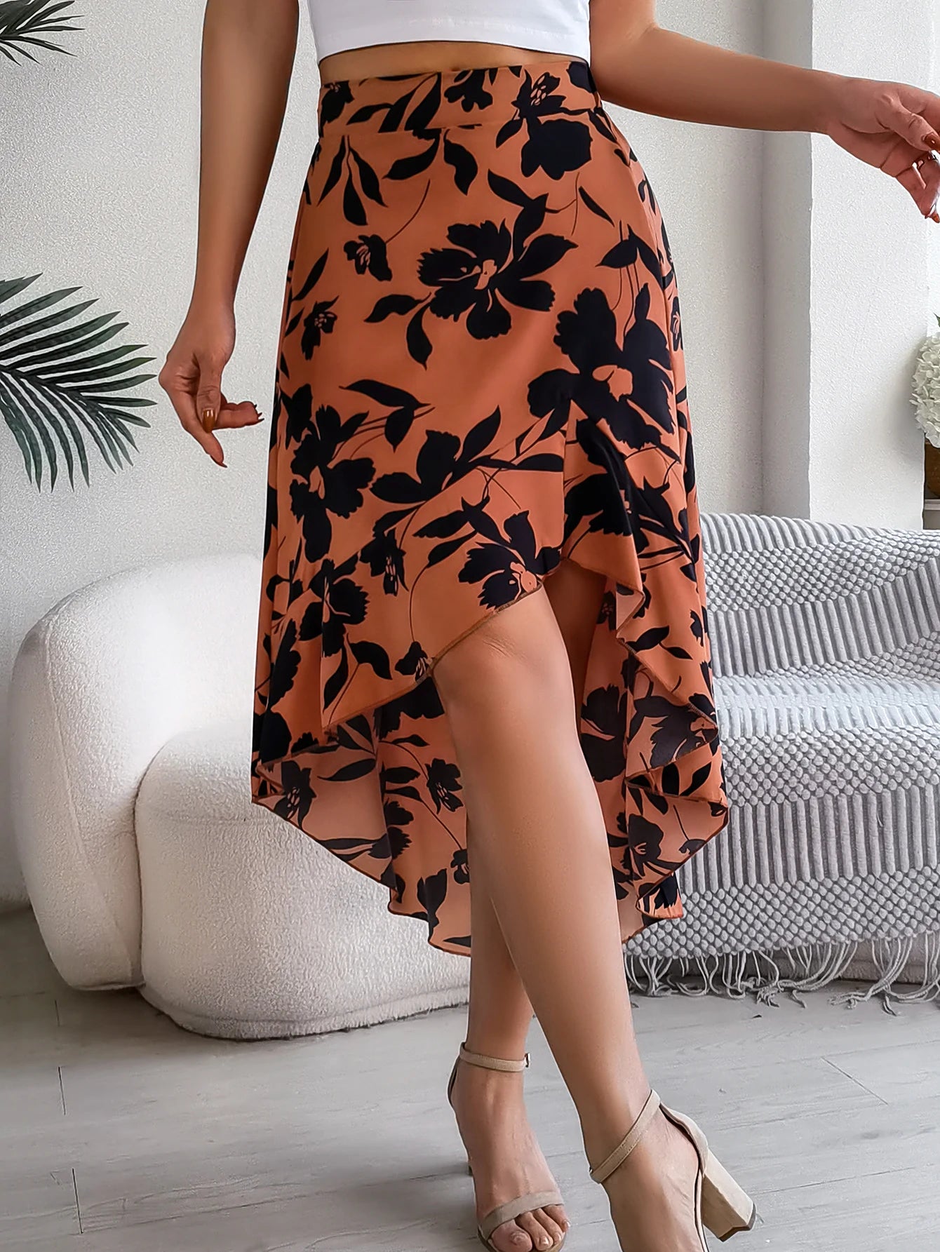 Spring Summer Skirts for Women Casual Floral Print Asymmetric Ruffle Edge Skirt