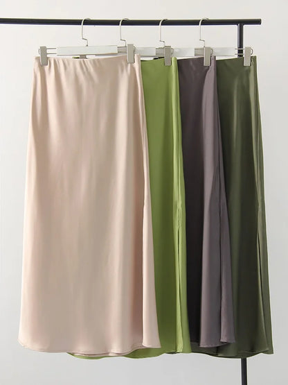 Long Satin Skirts For Women Summer High Quality Skirt With Slit On The Side Silk Elegant Black Maxi Luxury Women's Skirts 2025
