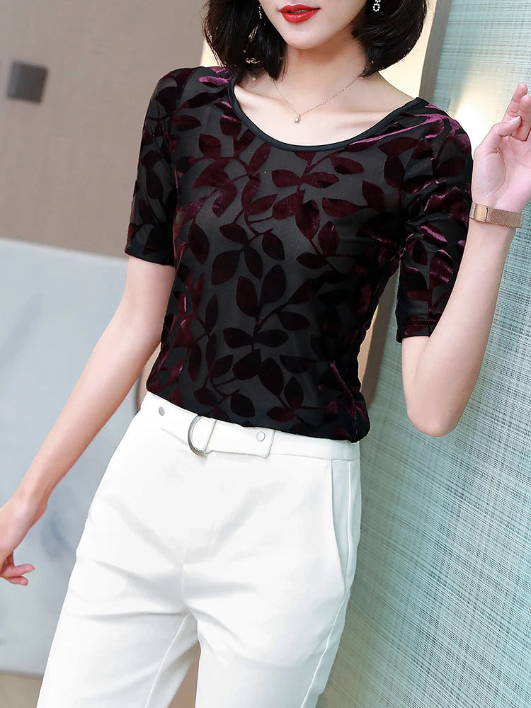 New Summer tops for Women Round neck Velvet burnt flower gauze t-shirt Short sleeve Women shirt