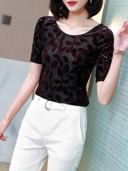 New Summer tops for Women Round neck Velvet burnt flower gauze t-shirt Short sleeve Women shirt