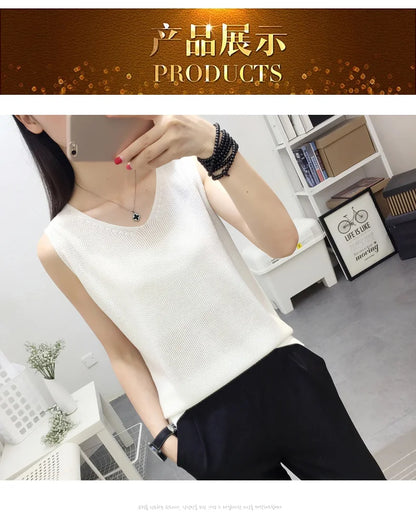 Top women Summer V Neck Hollow Knitted Vest Sleeveless Casual Tank Blusas Tops Sheer Mesh Patchwork T Shirt Bottom Camisole 2019