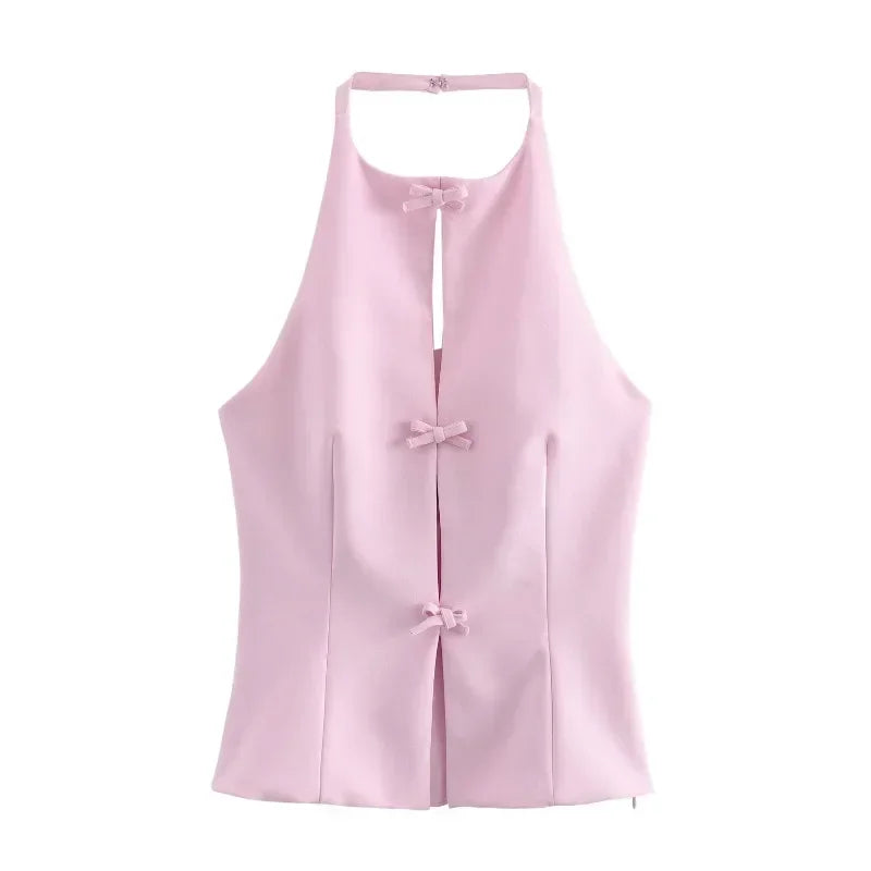 Bow Backless Vest Women Summer Sleeveless Halter Hollow Top Elegant Slim Skirt New Y2k Female Tanks Short Top Office