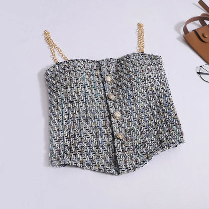 Women Summer Tweed Chain Chic Tank Tops Buttons Off Shoulder with Bra Pad Crop Tops Pleated Sexy Backless Sleeveless Sweet Camis