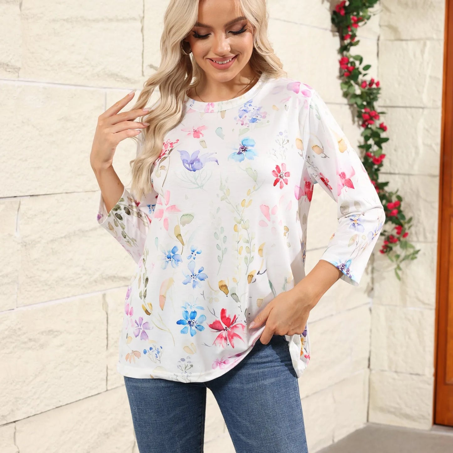 2024 Women Summer Tops Comfortable T Shirt Fashion Flower Print Round Neck 3/4 Sleeve Tops Soft Versatile Pullover Ropa De Mujer