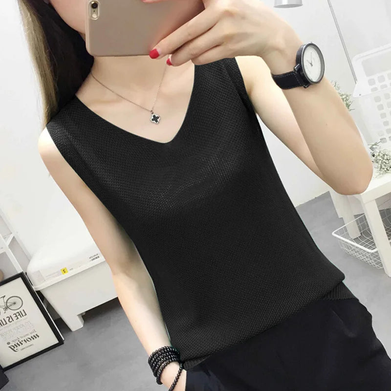 Top women Summer V Neck Hollow Knitted Vest Sleeveless Casual Tank Blusas Tops Sheer Mesh Patchwork T Shirt Bottom Camisole 2019