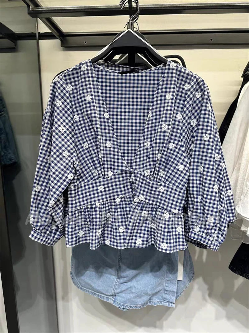Women's Tops New Summer 2025 Small Check Tops Embroidered Trims Sexy Deep V-Neck Casual Fashion Versatile Personality