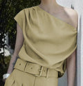 Beautyblue Turmeric Women's Tops One-Shoulder T-Shirts 2025 New Fashion Pleated Slanted Shoulders Sexy Loose Summer Tee Female