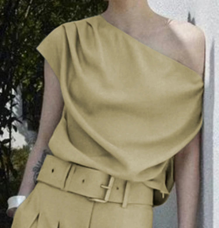 Beautyblue Turmeric Women's Tops One-Shoulder T-Shirts 2025 New Fashion Pleated Slanted Shoulders Sexy Loose Summer Tee Female