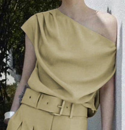 Beautyblue Turmeric Women's Tops One-Shoulder T-Shirts 2025 New Fashion Pleated Slanted Shoulders Sexy Loose Summer Tee Female