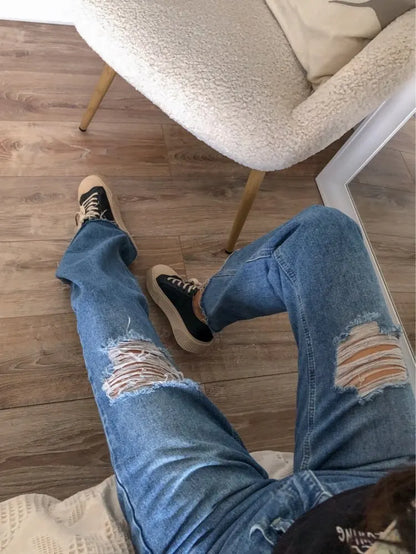 MiuKoMiYa Ripped Jeans For Women 2023 Streetwear Straight Denim Pants High Waist Long Denim Trousers Women Hollow Out Jeans