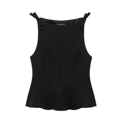 MUJER White Bow Sleeveless Tops for Women Black off Shoulder Top Female Spring Casual Tank Tops Woman 2025 Pleated Women's Tops