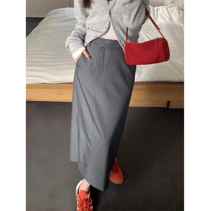 Chic High Waist Straight Leg Long Skirt Women's Spring Vintage ket Color Blo Striped f Body Skirts Faionable Slimming