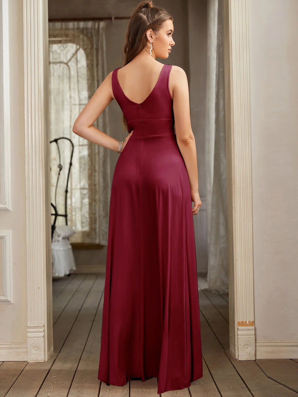 Women Evening Dresses Formal Occasion Sexy Split V Neck Backless Sleeveless Cocktail Dresses Wedding Party Prom Gowns Bridesmaid