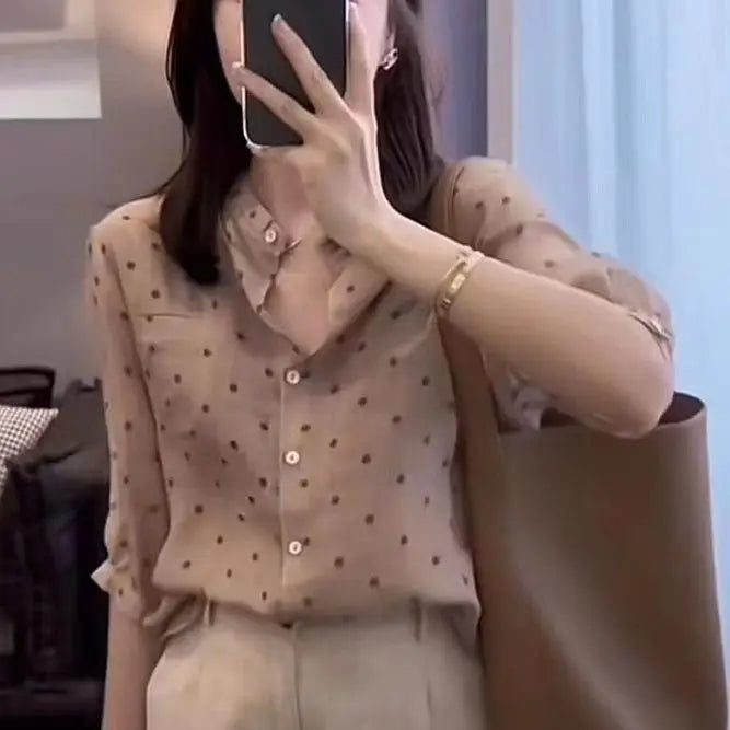 Elegant Summer Tops for Office Wear with Collar and Polka Dot Blouse for Women
