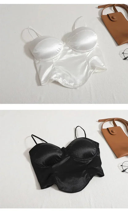 2024  Women Sexy Crop Top Solid Pleated Satin Tanks Top With Bra Pad Beach Camis Spaghetti Backless Casual Top Spring Summer