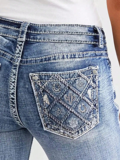 New women's embroidered jeans fashionable double waist washed bootcut pants