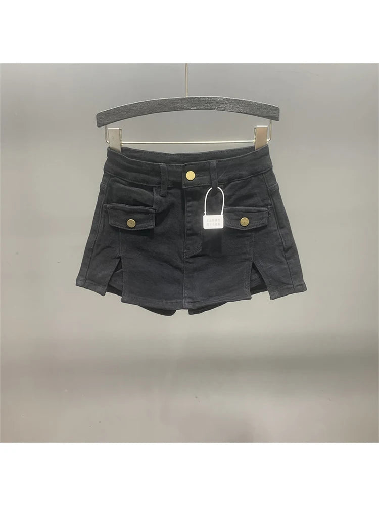 Women Khaki Denim Skirt Y2k Elegant A-Line Skirt Harajuku Korean Vintage Fashion 90s High Waist Jean Shorts Skirts 2000s Clothes