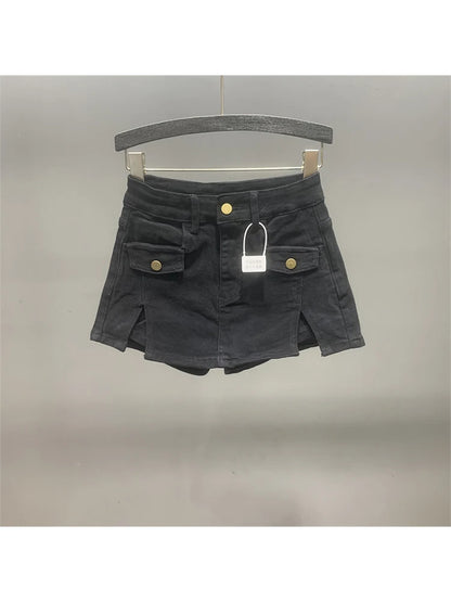 Women Khaki Denim Skirt Y2k Elegant A-Line Skirt Harajuku Korean Vintage Fashion 90s High Waist Jean Shorts Skirts 2000s Clothes