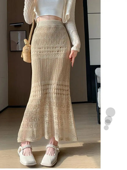Skirts Women Trumpet High Waist Long Skirt Female Summer Elegant Knitted Hollow Out Fahison Skirt Bottom