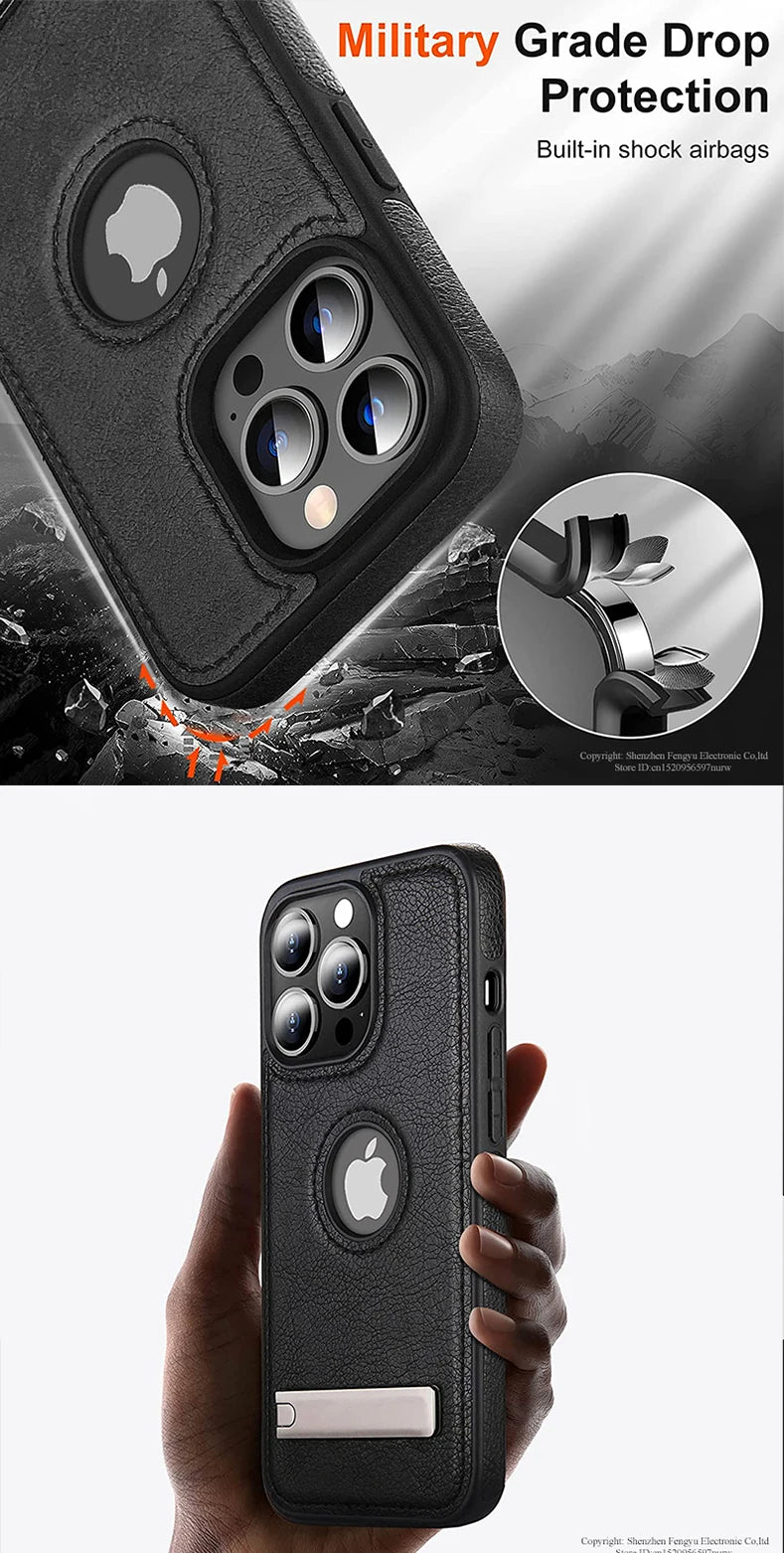 Leather Phone Case for iPhone 15 14 Pro Max Plus 13 12 11 Mobile Cases with Slim Metal Kickstand Soft Grip Luxury Back Cover