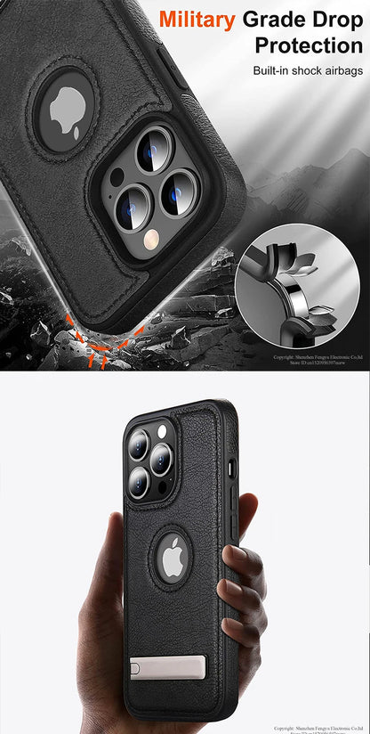 Leather Phone Case for iPhone 15 14 Pro Max Plus 13 12 11 Mobile Cases with Slim Metal Kickstand Soft Grip Luxury Back Cover