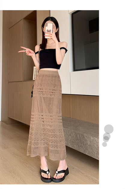 Skirts Women Trumpet High Waist Long Skirt Female Summer Elegant Knitted Hollow Out Fahison Skirt Bottom