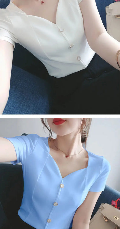 Womens Tops And Blouses Summer Short Sleeve Blouse Women Blusas Mujer De Moda 2022 Turtleneck Knitted Blouse Shirt Tops