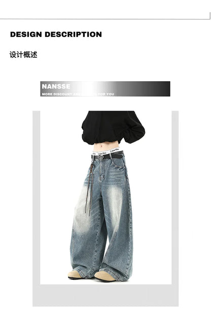 Women Blue Jeans Cargo Pants Streetwear High Waist American Wide Leg Pants Fashion Y2K Style Female Winter Straight Trousers