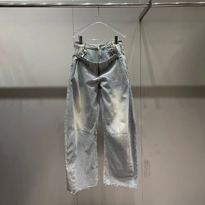 Women's Jeans, Double Waistband Washed Scimitar Work Pants, High Quality Cotton Wide Leg Pants, 2025, Spring, New, y2k