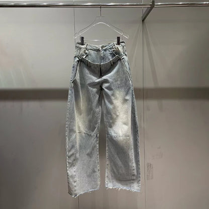 Women's Jeans, Double Waistband Washed Scimitar Work Pants, High Quality Cotton Wide Leg Pants, 2025, Spring, New, y2k