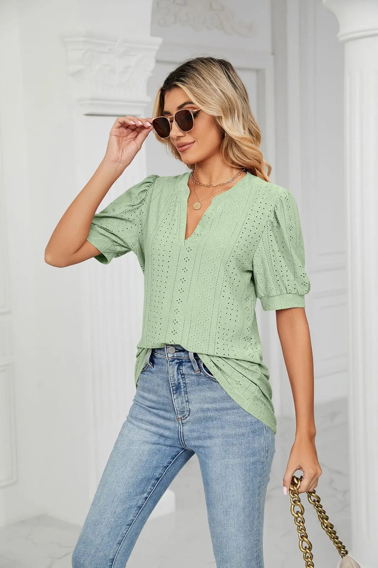 Womens Tops V Neck Ruffle Sleeve Blouses Short Sleeve Casual Tops T-Shirts for Women Autumn Winter