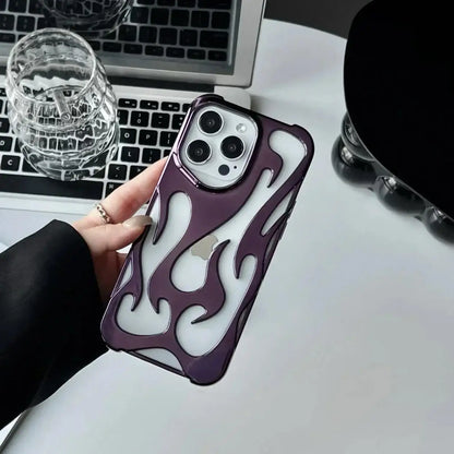 Fashion Plating 3D Hollowed Flame Phone Case For iPhone 16 15 14 13 12 11 Pro Max Fundas Creative Electroplated Soft Back Cover