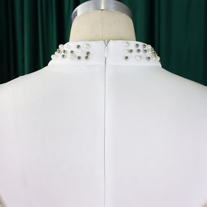 Elegant Dresses for Women O Neck Ruffles Sleeve Beaded Sheath Package Hips Mid Calf Luxury Birthday Party Dinner Vestidos Mujer