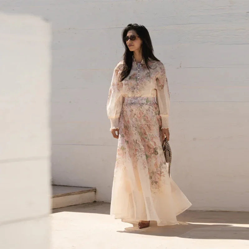 Elegant Floral Printed Long Skirts Set Women Loose Full Sleeve Single Breasted Shirts Pleated Skirt 2025 Summer Lady New Suits