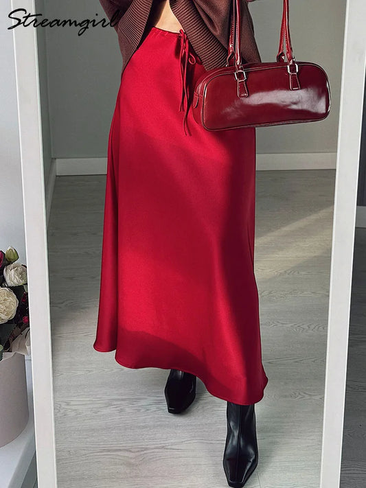Long Black Satin Skirts Women For Work Summer Autumn Straight Brown Skirt Long Belt Coffee Formal Silk Maxi Skirt For Ladies